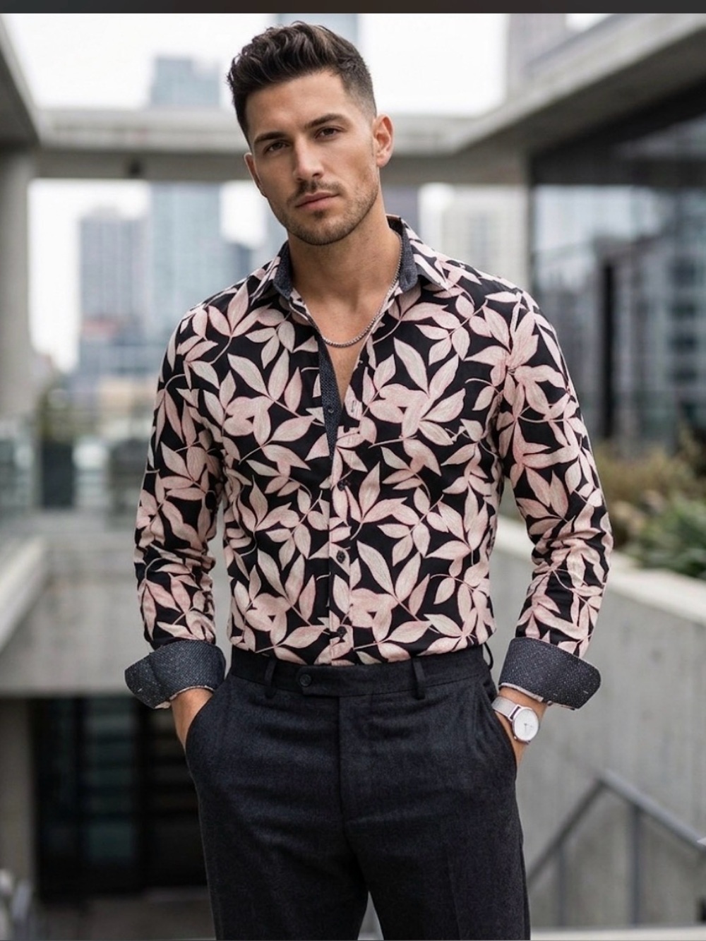 NWT Eighth Avenue Pink & Black Tropical Button Down with Flip Cuffs Size Large